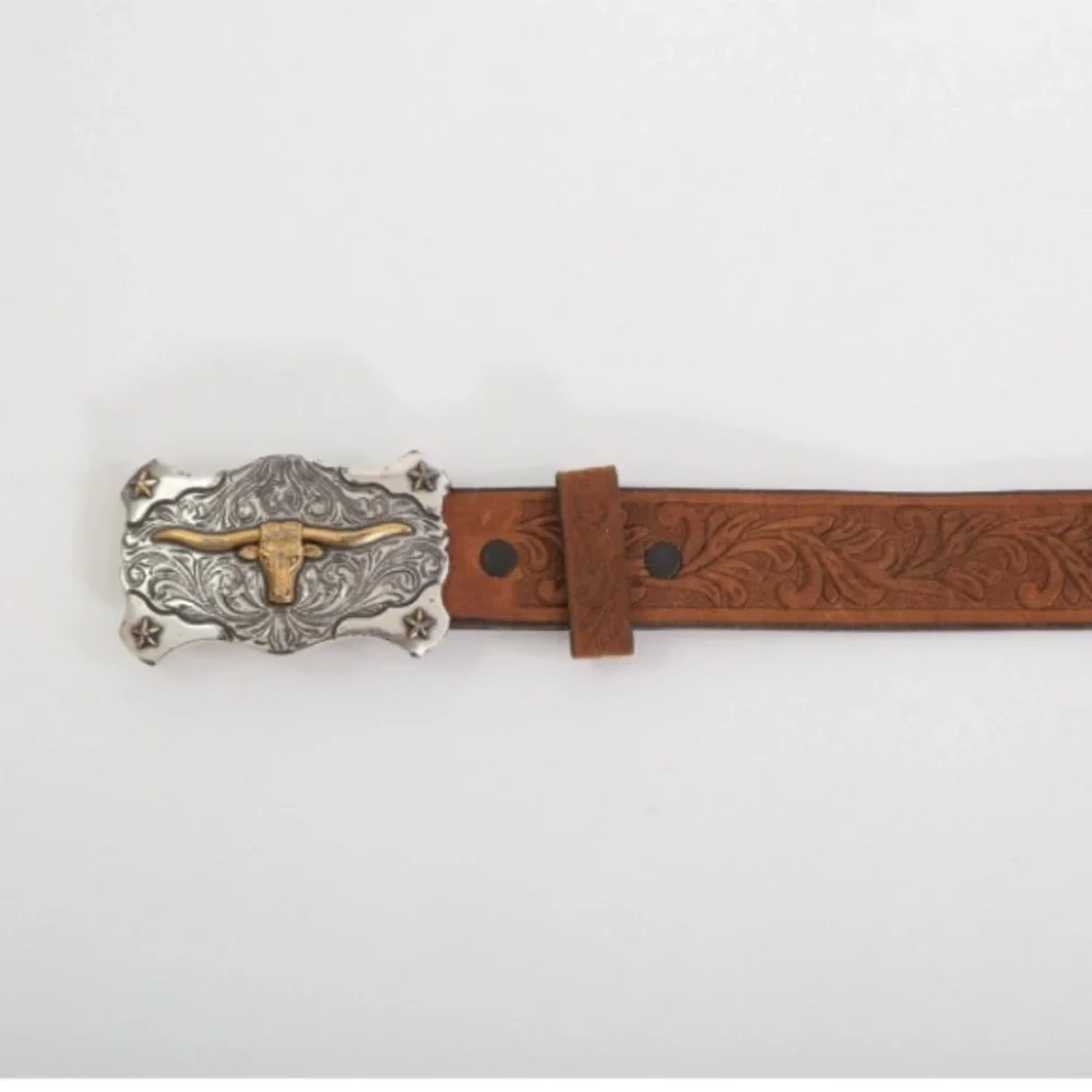 Vintage style Tony Lama USA Western long horn buckle tooled leather kids belt